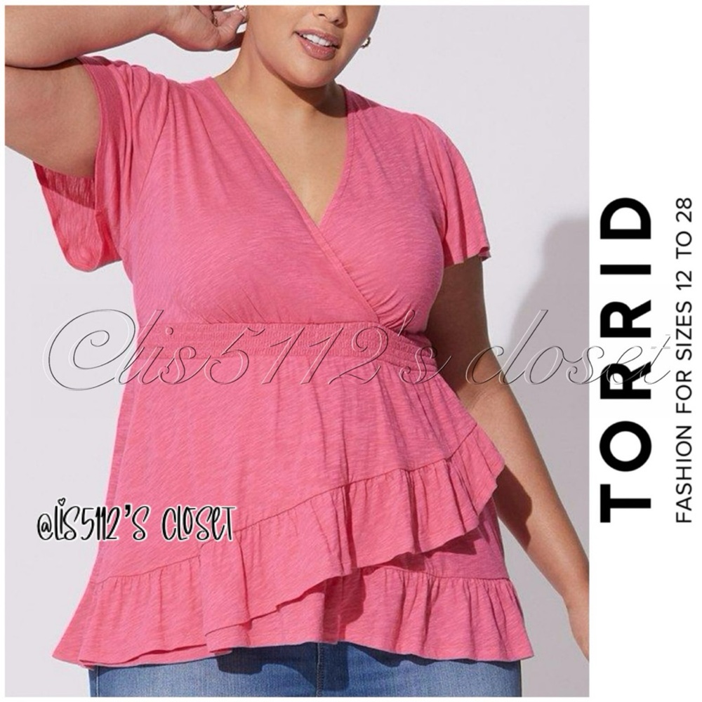 Torrid Pink Cotton Modal Babydoll Surplice Faux Wrap Top 6X 30 30W